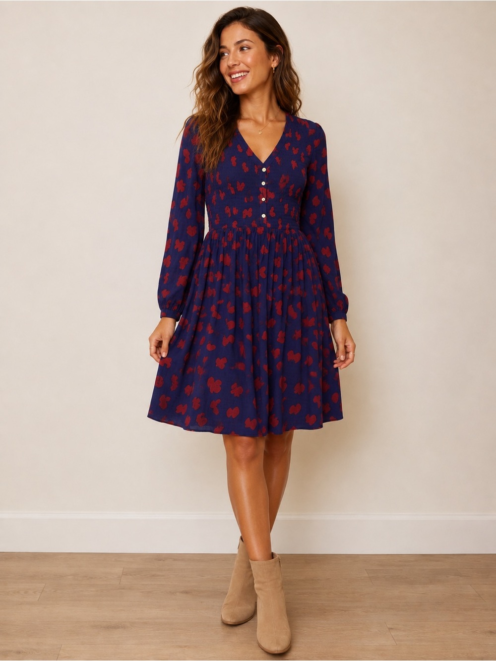 Maeve Navy Red Heart Smocked Dress Long Sleeve Small P